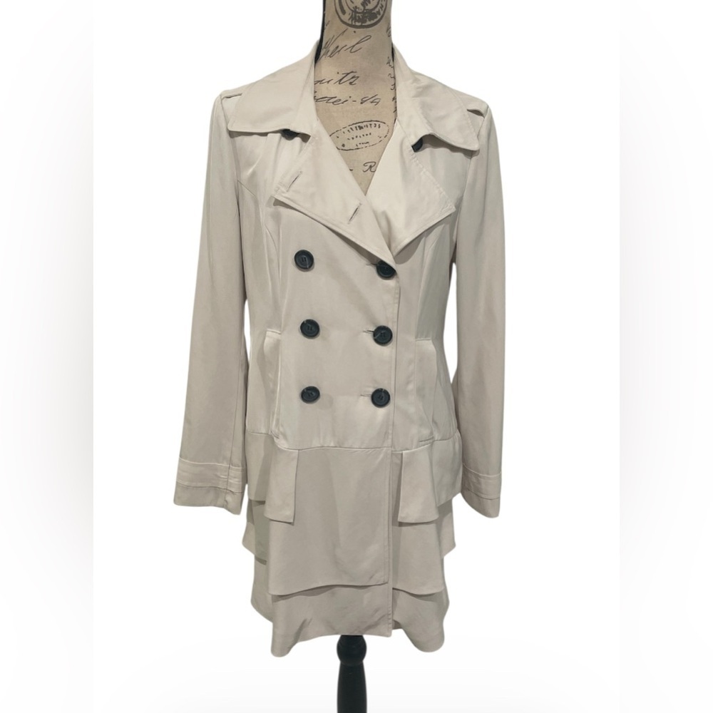 Kensie Cream Double Breasted Ruffle Hem Trench Coat Jacket Medium Pockets
